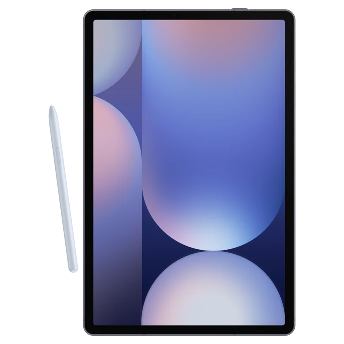 Una penna stilo azzurra giace accanto a un tablet con uno sfondo astratto blu e rosa sullo schermo.