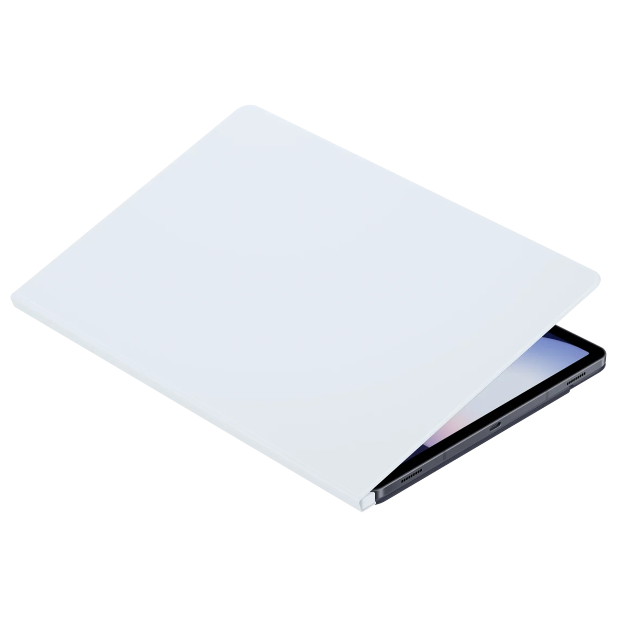 Un supporto bianco per tablet poggia su un tablet nero.