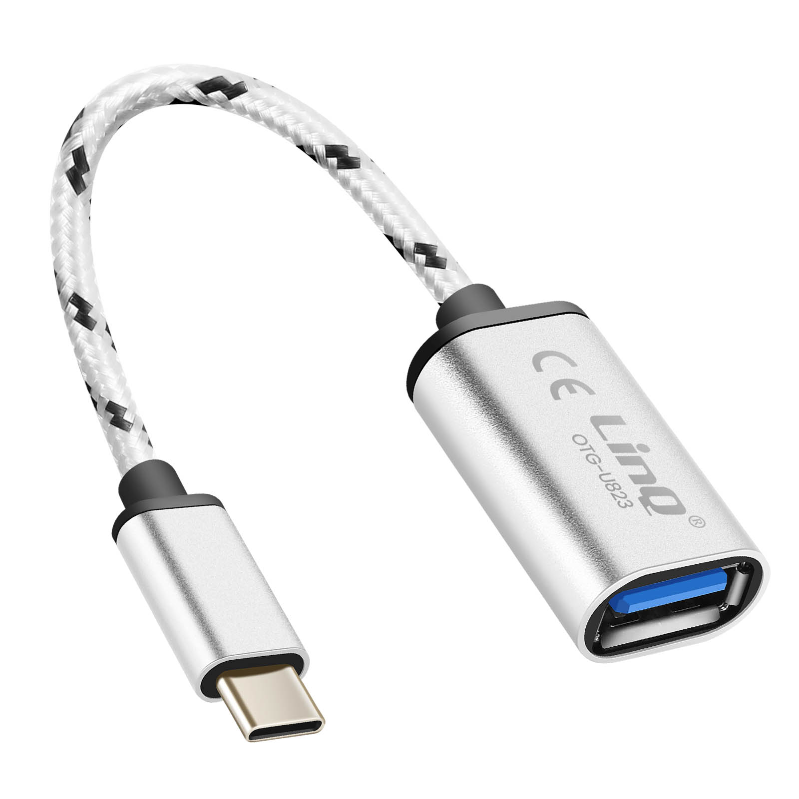 Un adattatore OTG da USB-C a USB-A argentato con cavo intrecciato bianco.