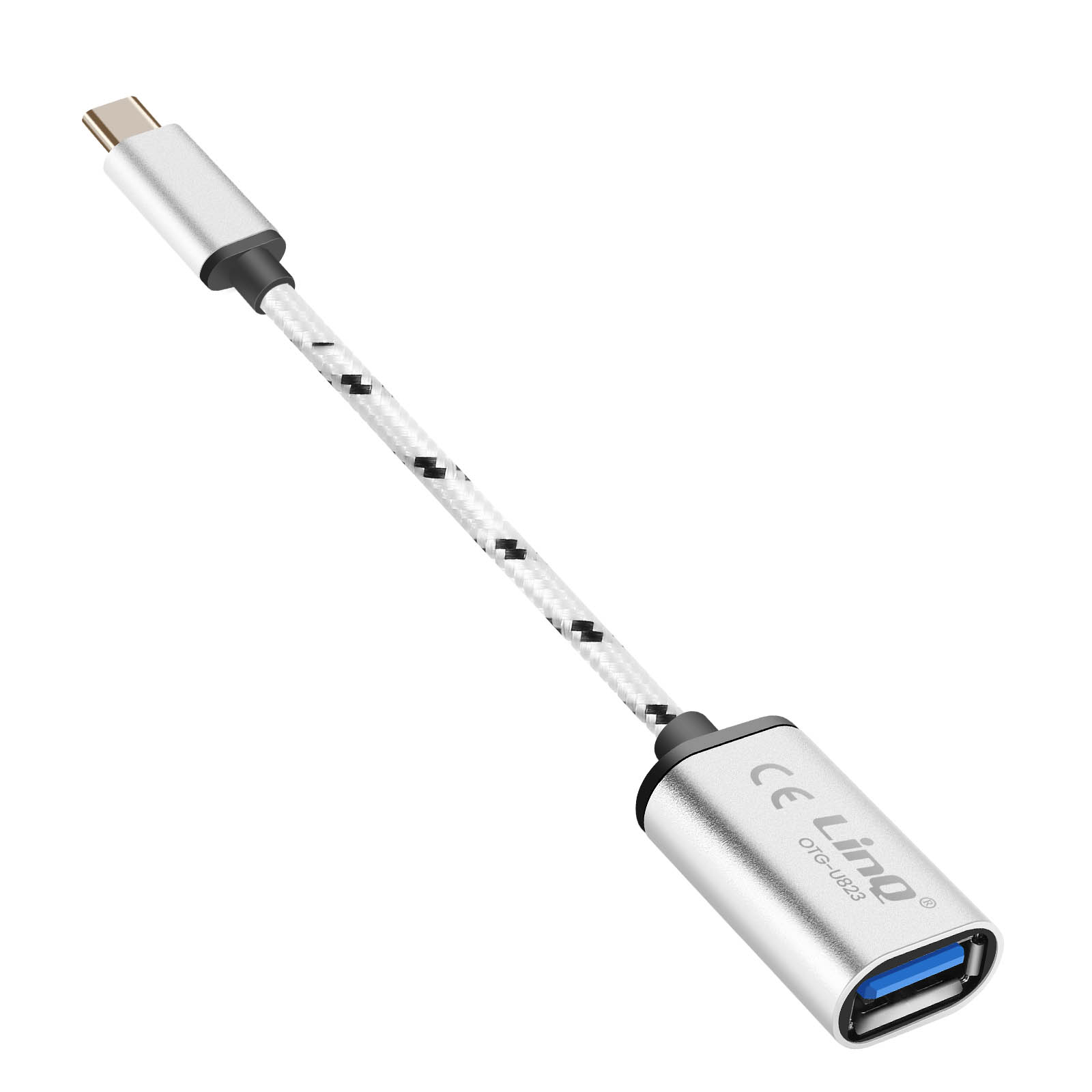 Adattatore OTG da USB-C a USB-A argentato con cavo intrecciato bianco.