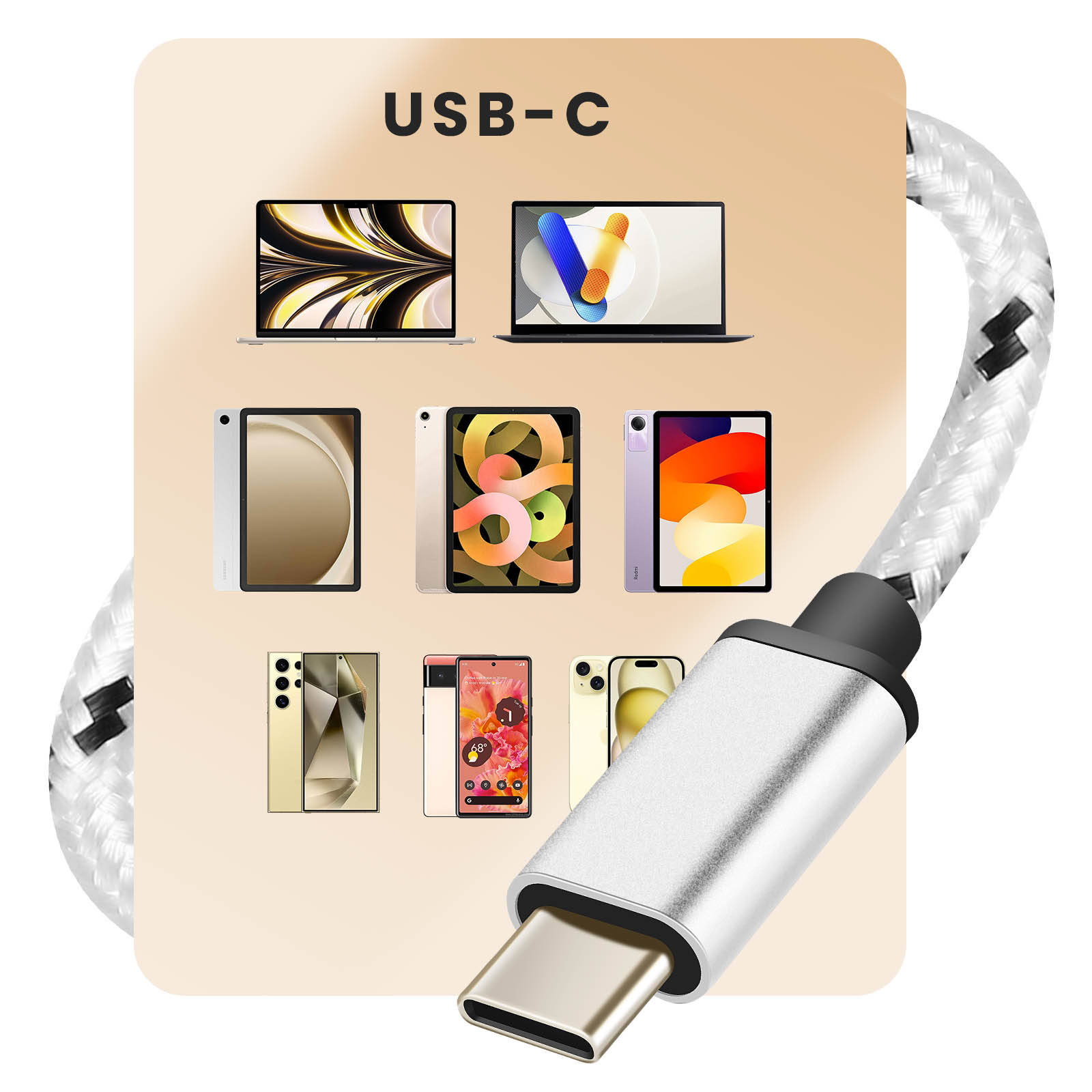 Connettore cavo USB-C con laptop, tablet e telefoni. Cavo bianco intrecciato.