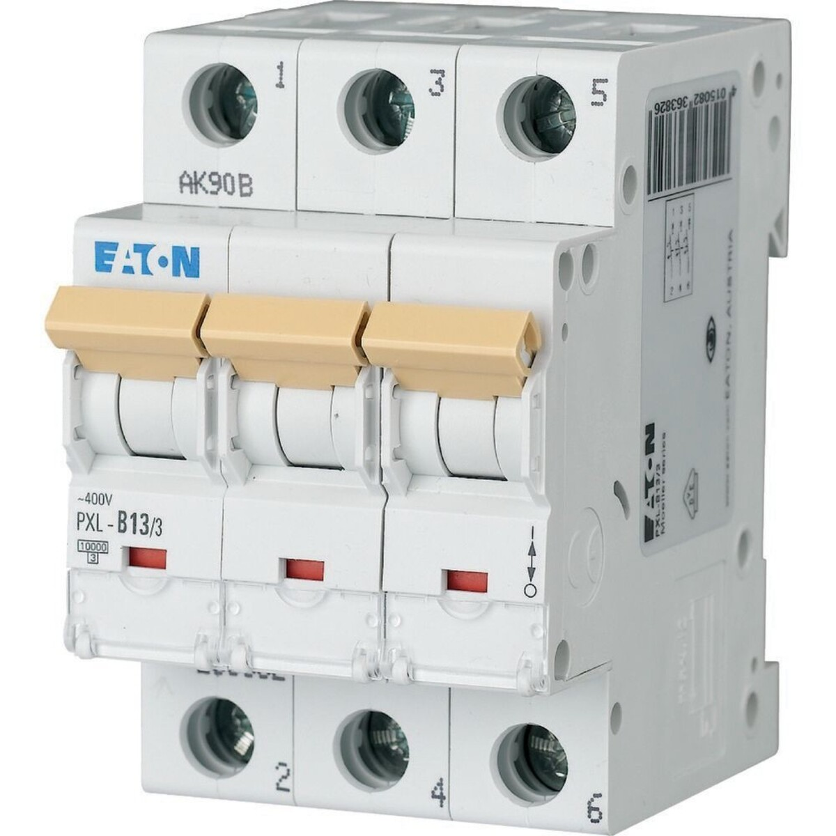 Un interruttore Eaton AK90B PXL-B13/3 bianco con tre leve beige e indicatori rossi.