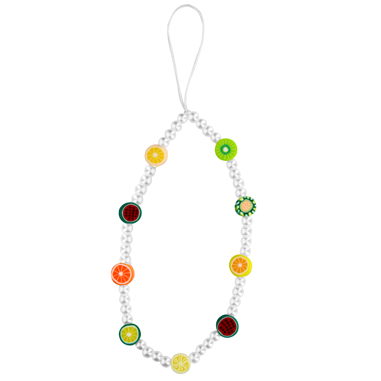 Una collana di perle bianche con ciondoli di frutta colorati e un anello in alto.