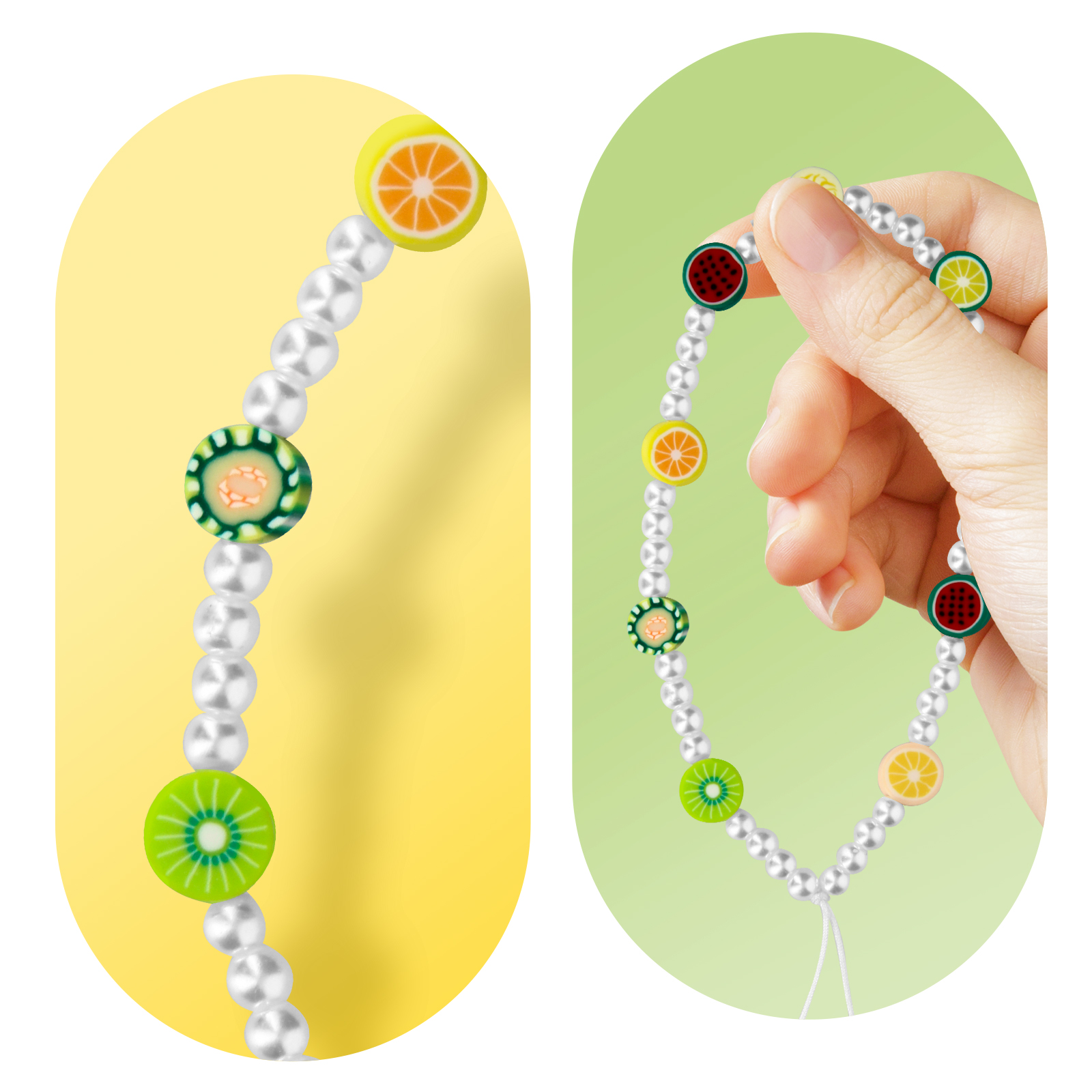 Collana di perle con ciondoli di frutta: kiwi, arancia, anguria, limone.