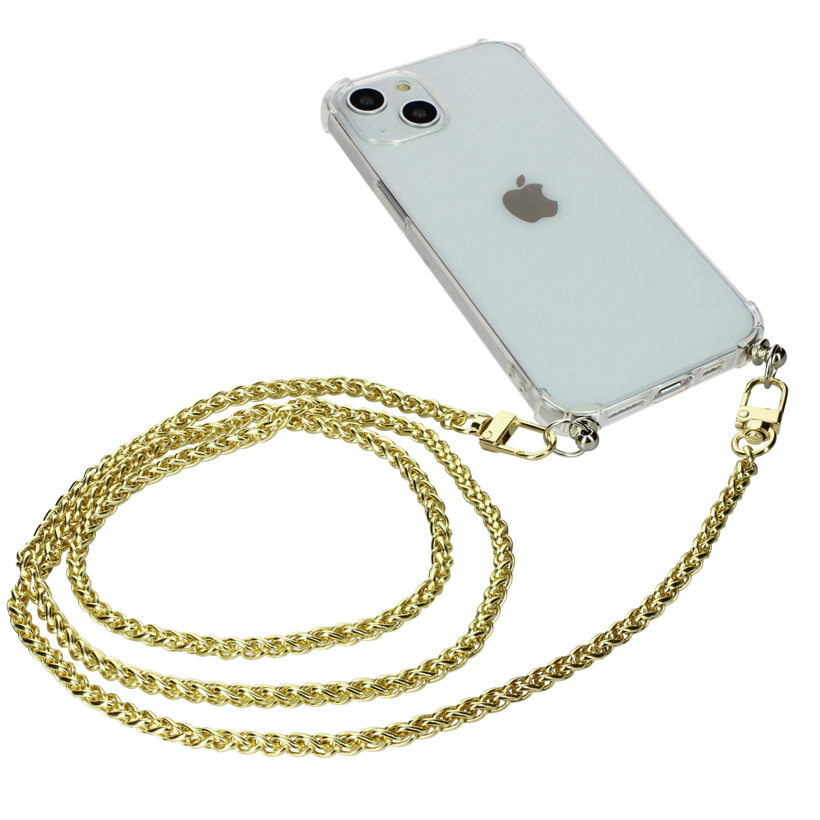 Una custodia trasparente per iPhone con una catena dorata attaccata.