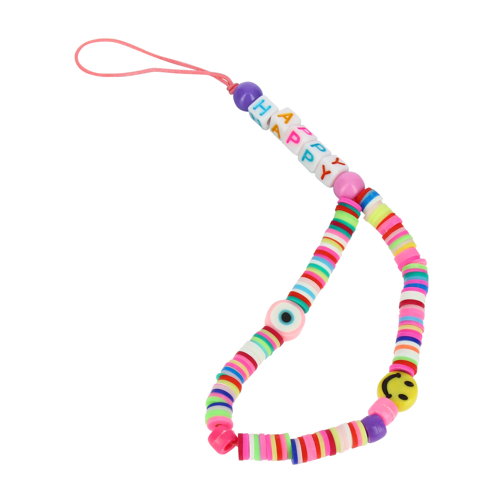 Un cinturino colorato con perline che formano 'HAPPY', un occhio del male e una faccina sorridente.