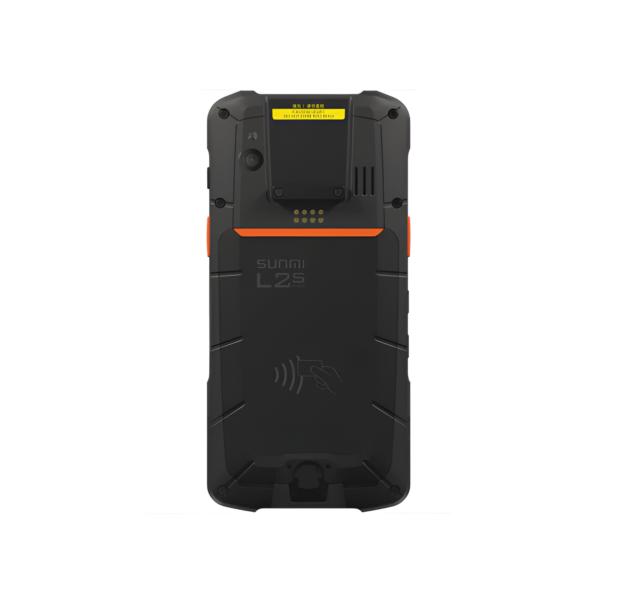 Vista posteriore di uno scanner portatile Sunmi L2s nero con accenti arancioni e logo NFC.
