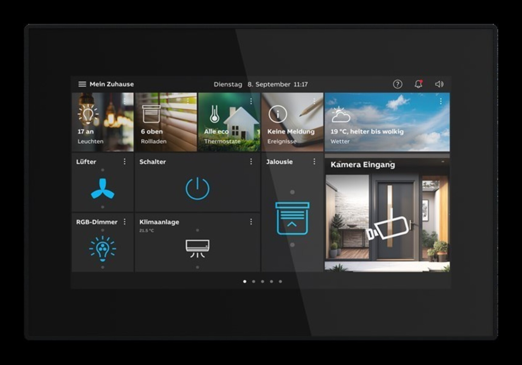 Display smart home con luci, tapparelle, termostato, meteo, telecamera porta, ventilatore, AC.