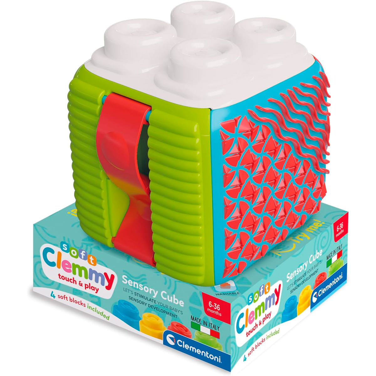 Un juguete Clementoni Soft Clemmy Sensory Cube con bloques coloridos en su caja.