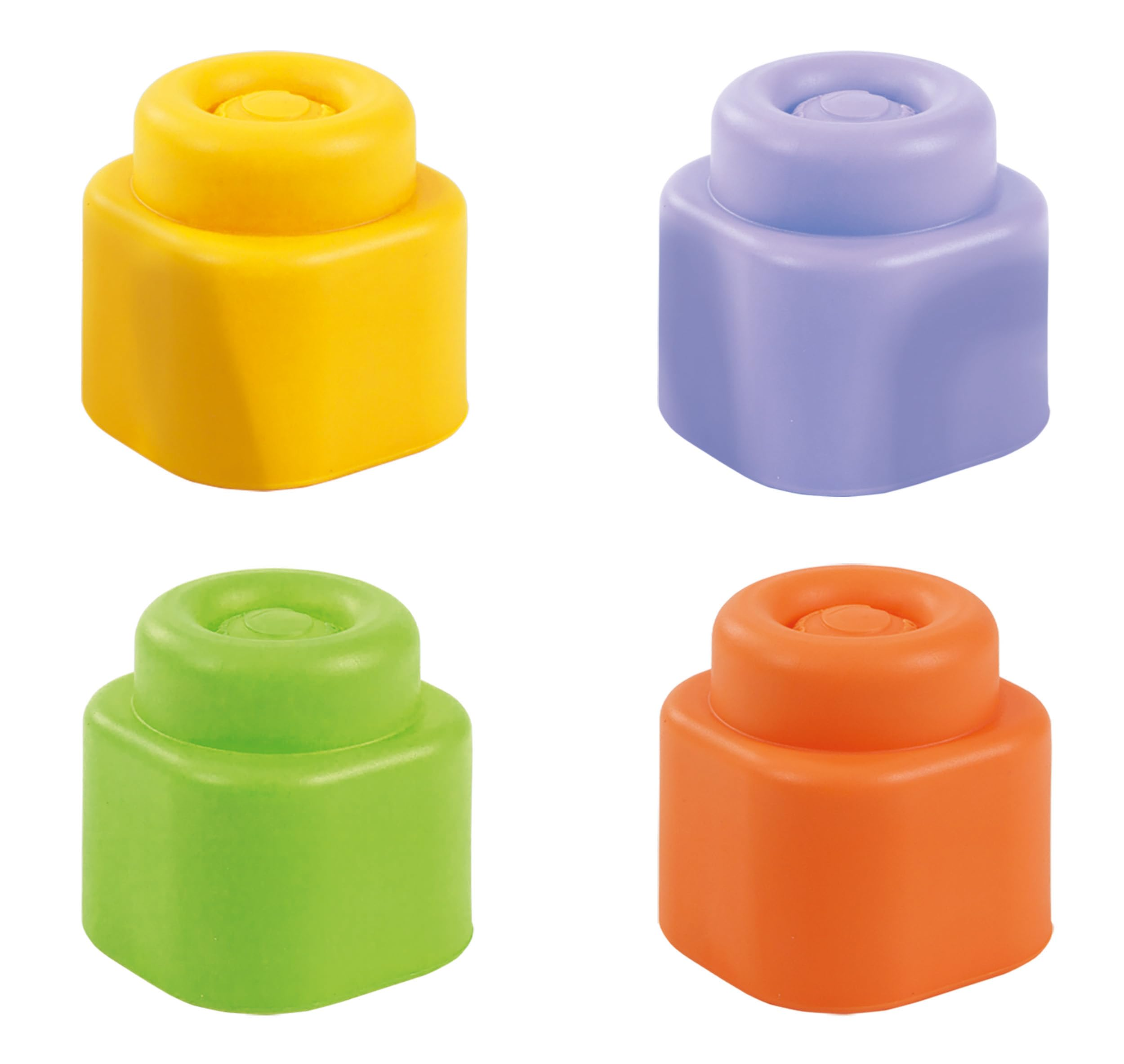 Cuatro bloques de construcción en amarillo, lila, verde y naranja.