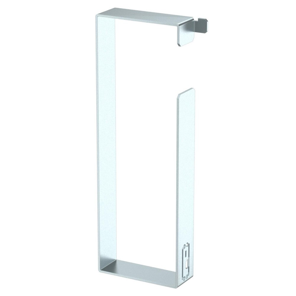 Un porta rotolo carta igienica in metallo argentato con cornice rettangolare e gancio.
