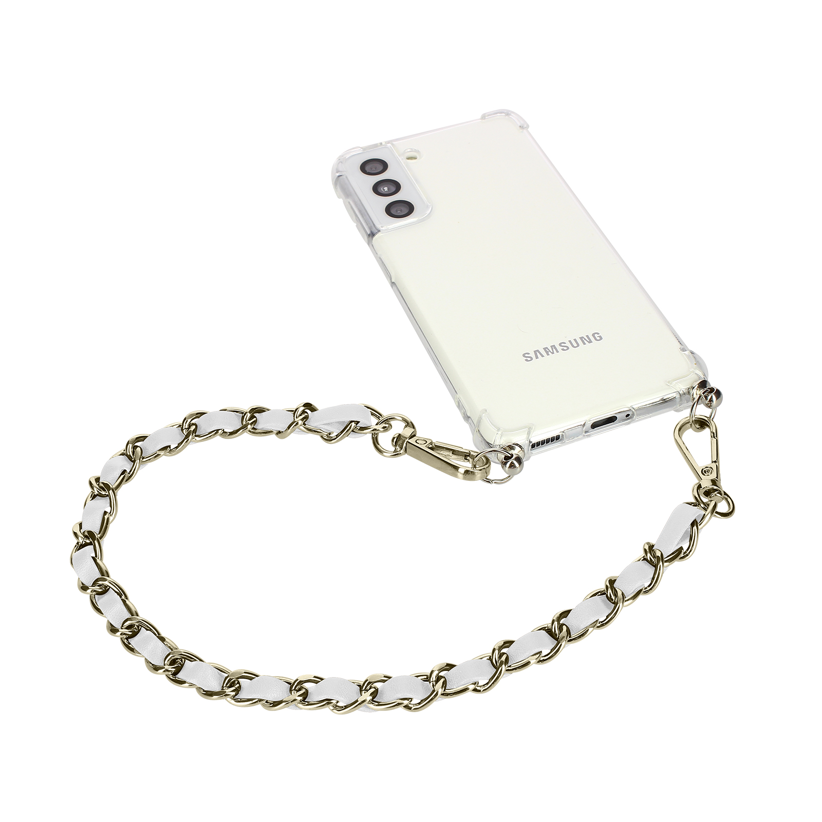 Una cover trasparente Samsung con cinturino a catena bianco e oro.