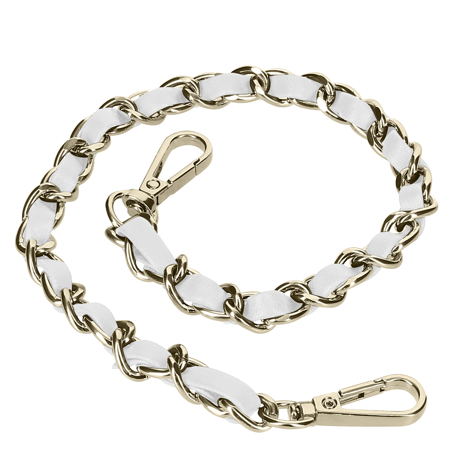 Una catena dorata con inserti in pelle bianca e due chiusure a moschettone.