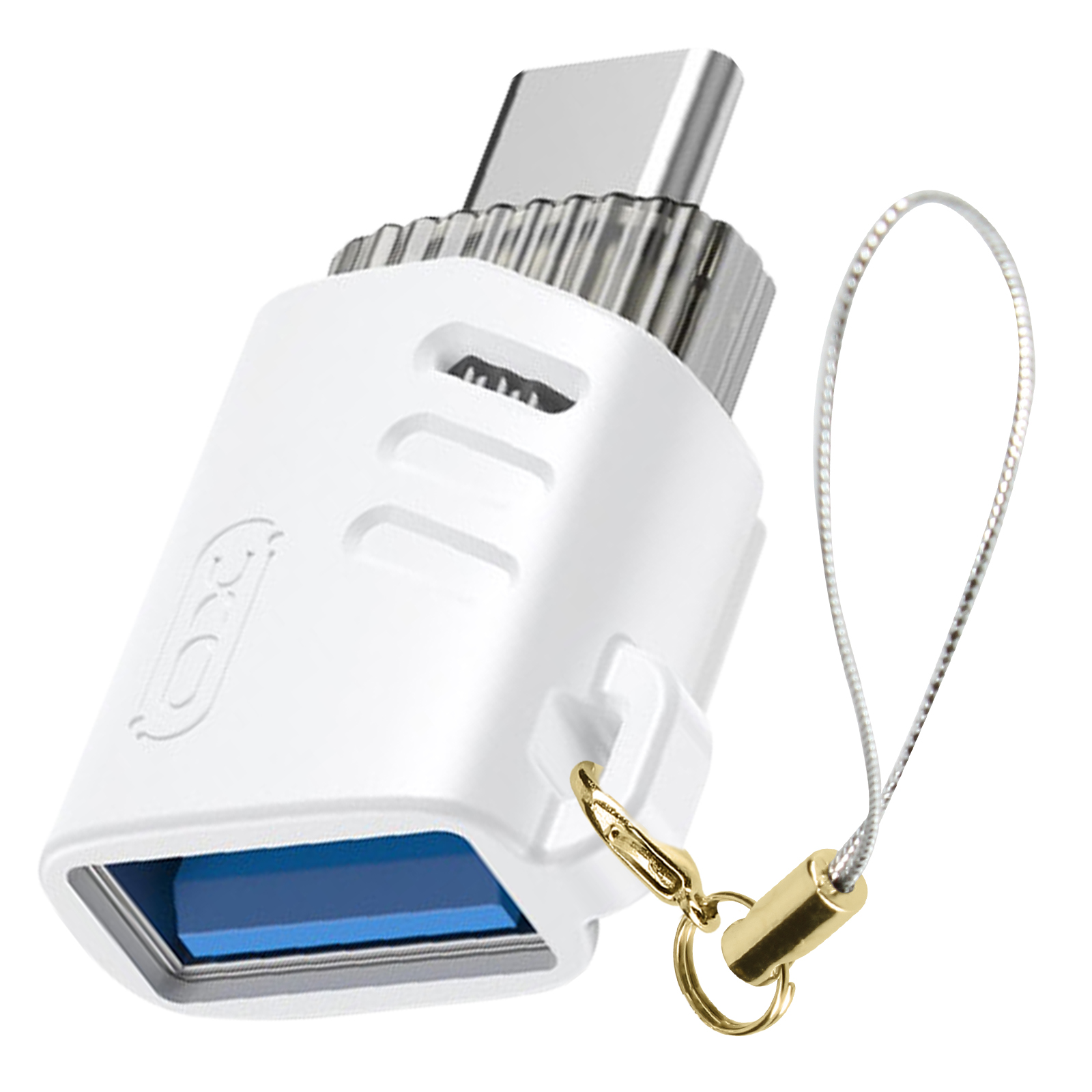 Adattatore USB-C bianco con porta USB-A blu e connettore argentato. Chiusura dorata.