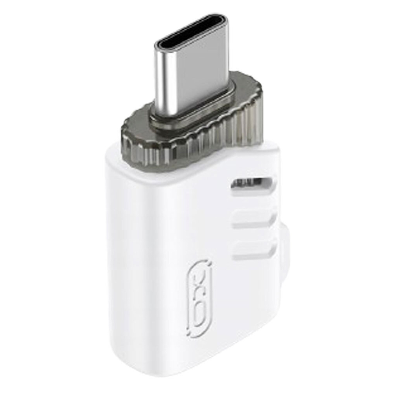 Adattatore USB-C bianco con connettore in metallo argentato e impugnatura scanalata.