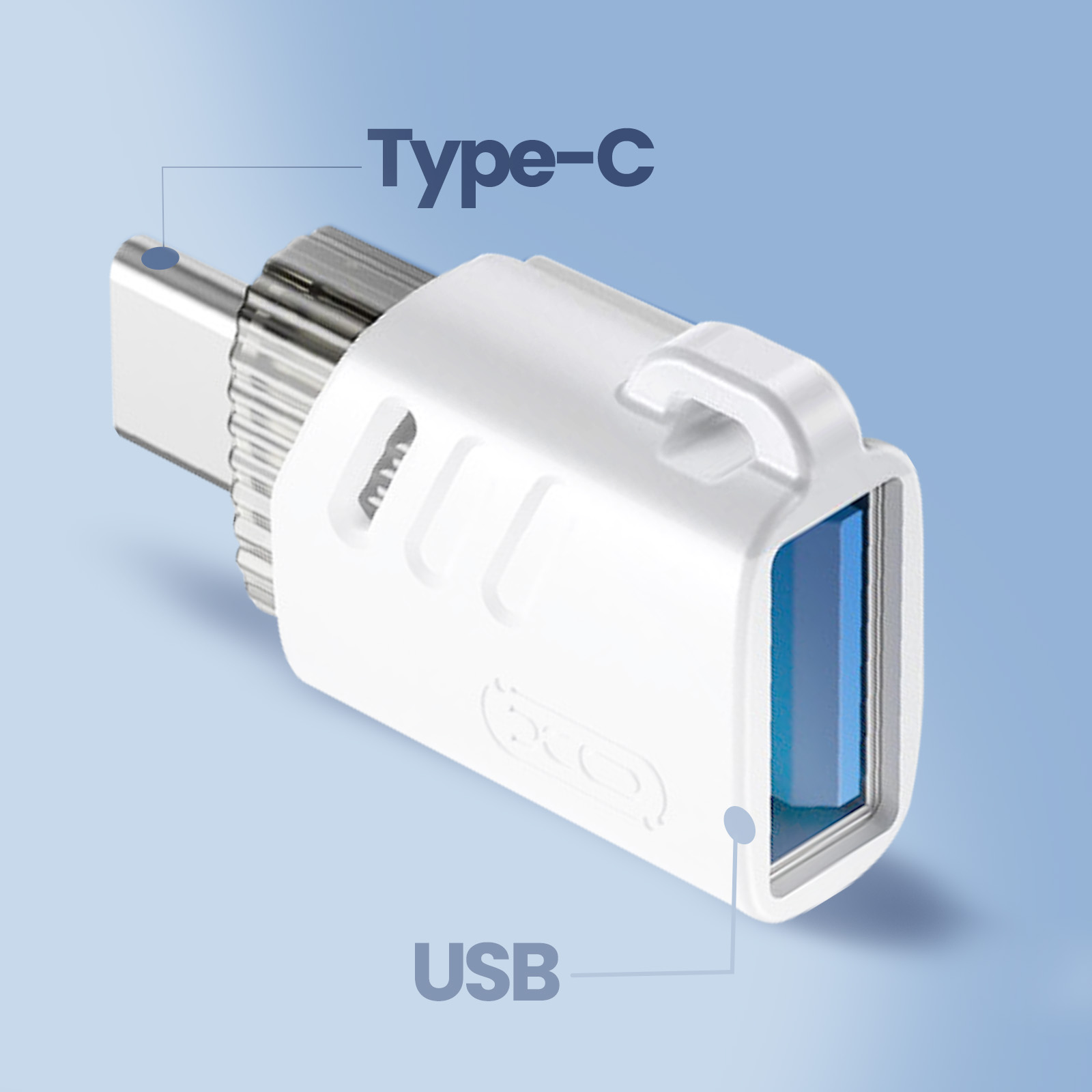 Un adattatore da USB-C a USB bianco con connettore metallico scanalato.