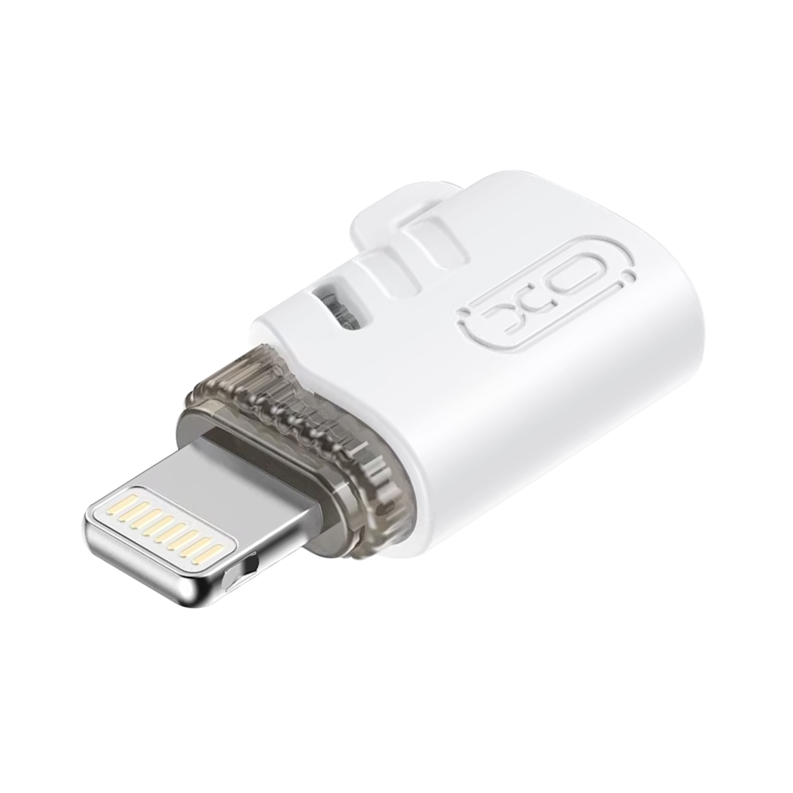 Ein weißer Adapter mit Lightning-Anschluss und sichtbaren Kontakten.