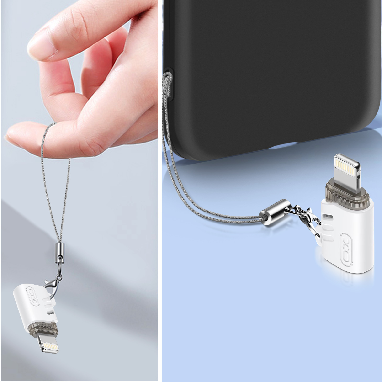 Eine Hand hält einen weißen Handyadapter mit silbernem Lightning-Anschluss und Lanyard.