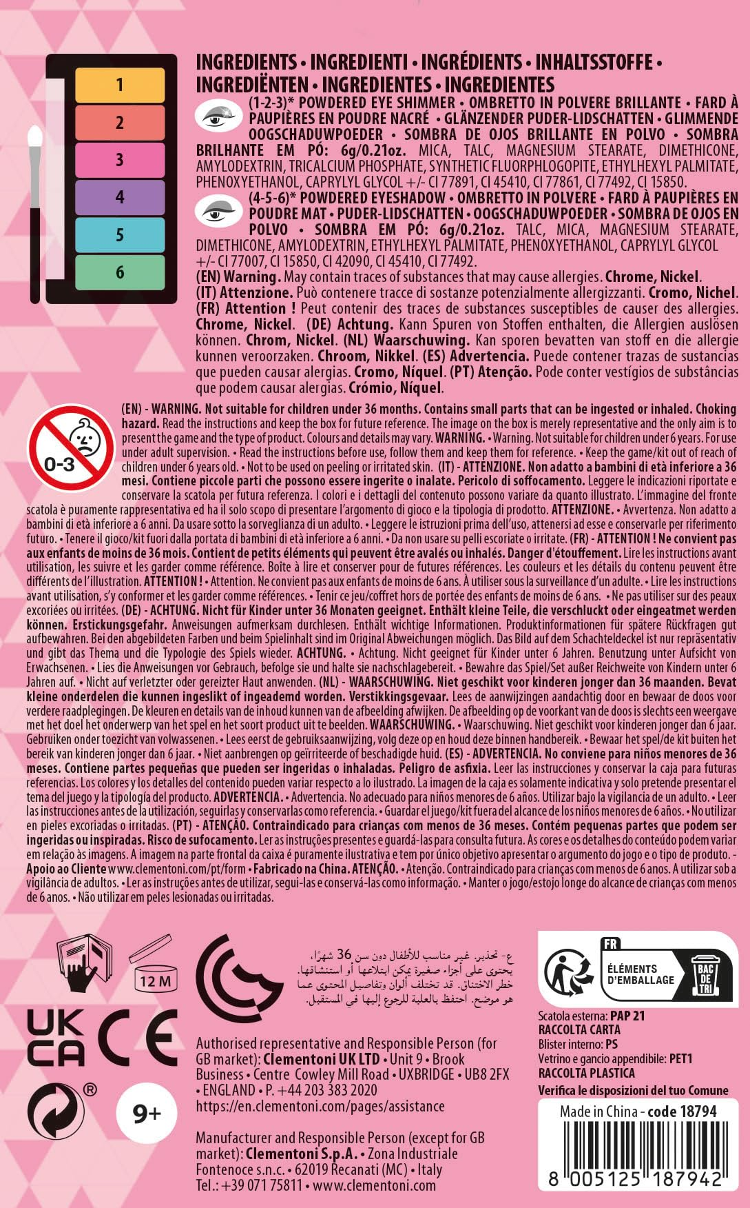 Tavolozza colori con 6 ombretti, avvertenze e informazioni sul prodotto.