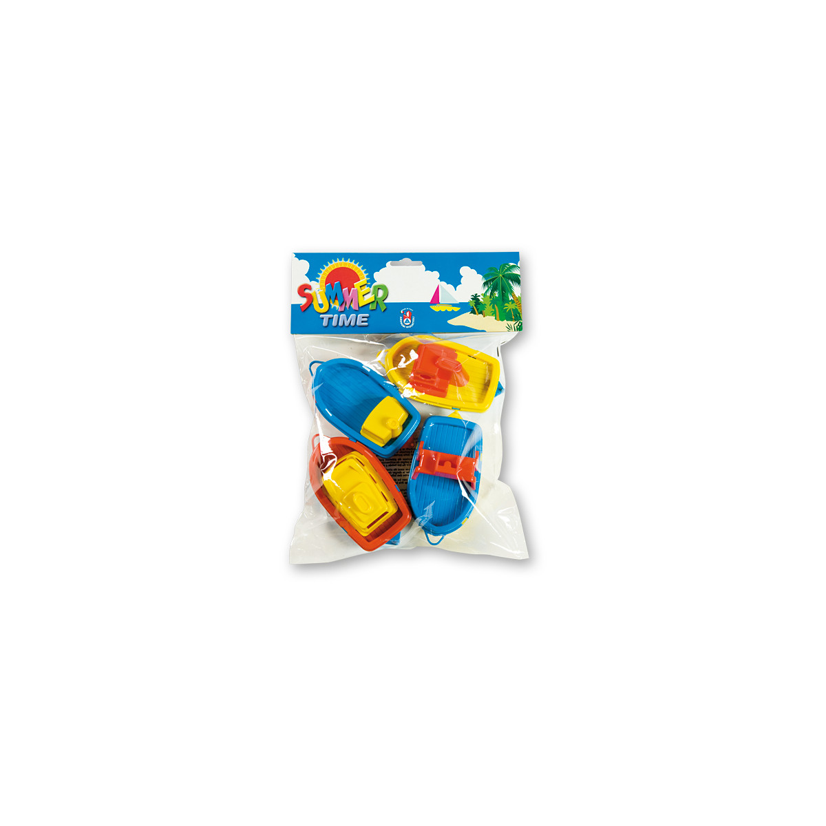 Confezione contenente quattro barchette giocattolo di plastica.