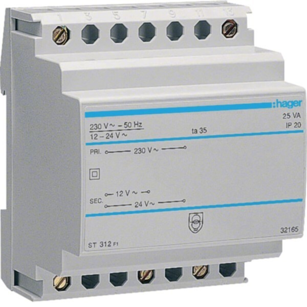 Trasformatore Hager ST 312 F1: primario 230V, secondario 12-24V, 25 VA.