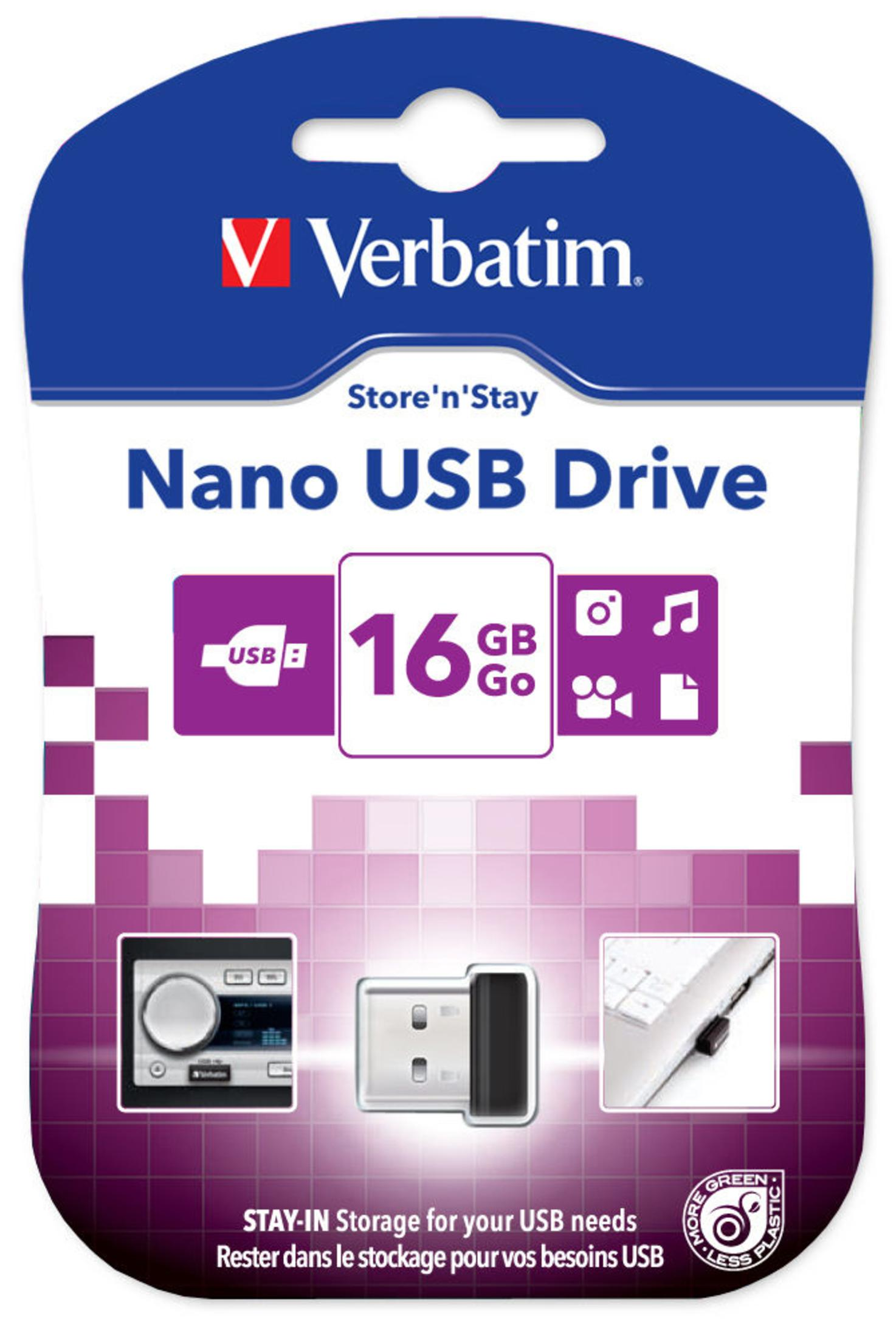 Opakowanie Verbatim Nano USB Drive 16GB zawiera ikony aparatu, muzyki i dokumentów.