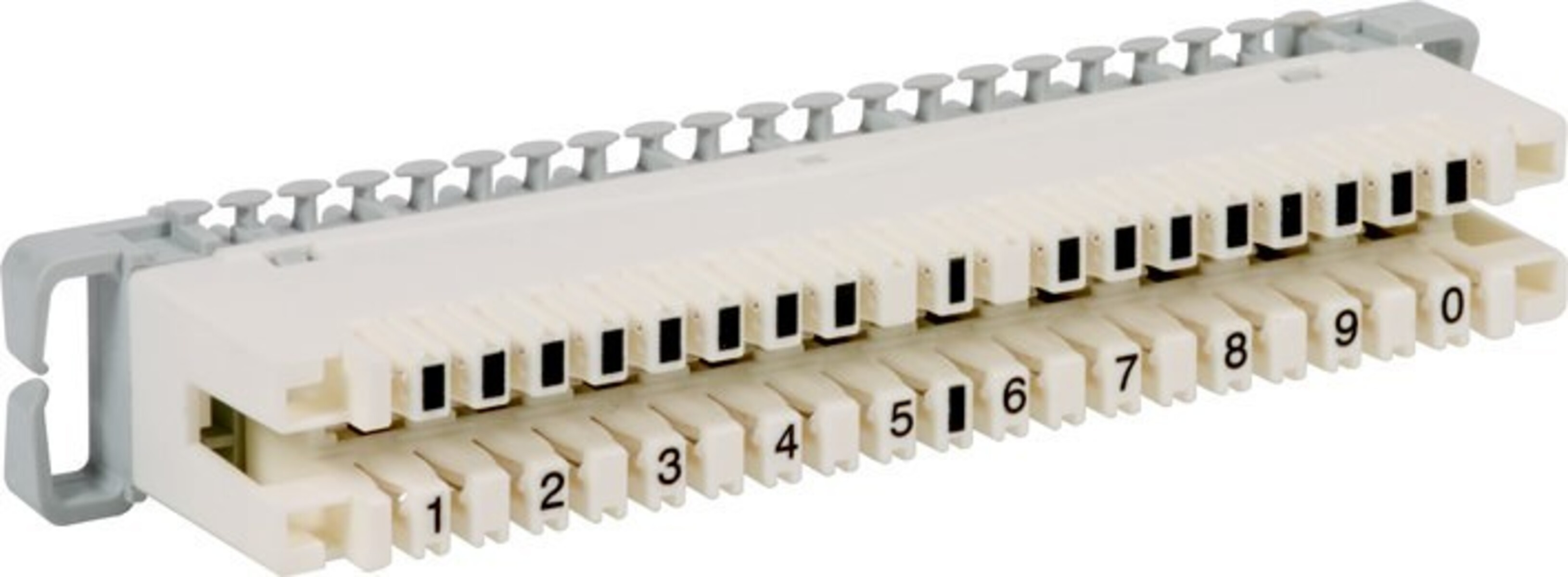 Un blocco connettore telefonico modulare bianco con clip di montaggio grigie. Numerato 0-9.