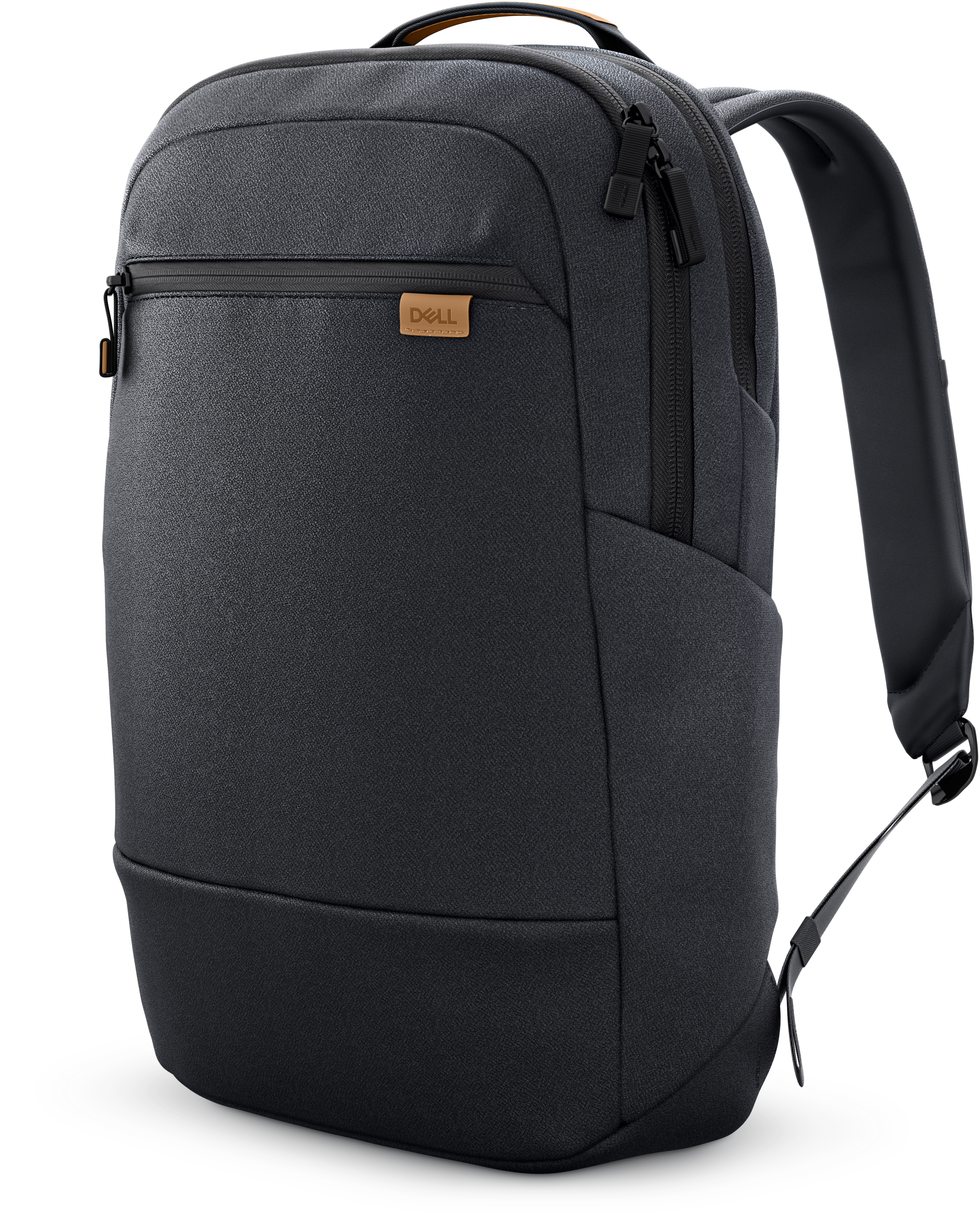 Una mochila Dell gris oscuro con logo Dell en beige y detalles marrones, sobre fondo blanco.