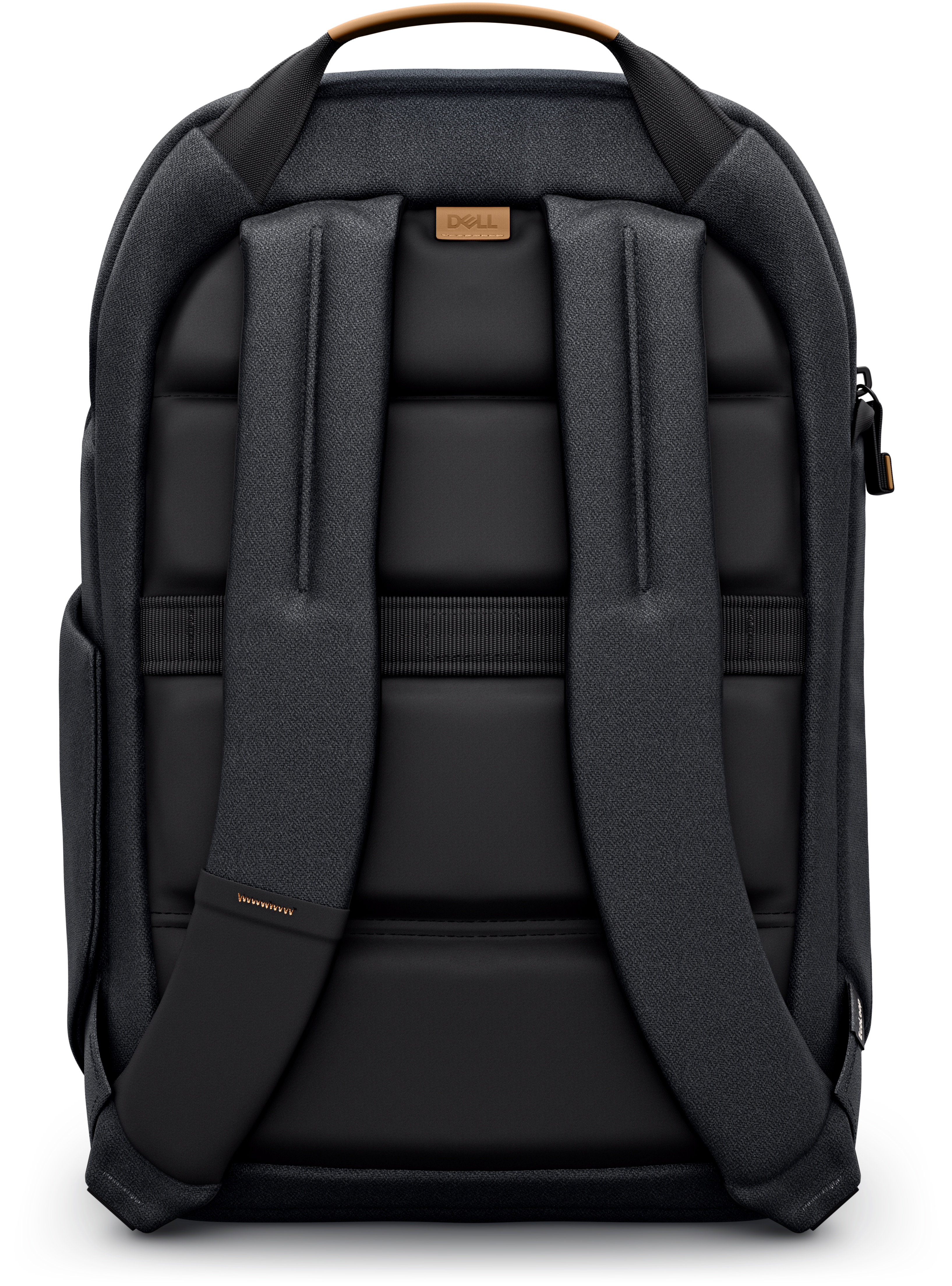 Vista trasera de una mochila Dell negra con correas acolchadas y logo Dell de cuero.