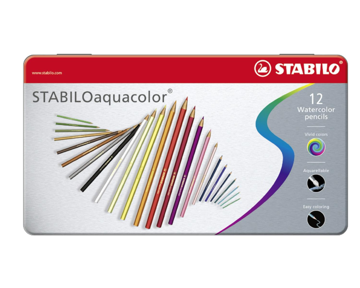 Una scatola di 12 matite acquerellabili Stabilo, che mostra vari colori e caratteristiche del prodotto.