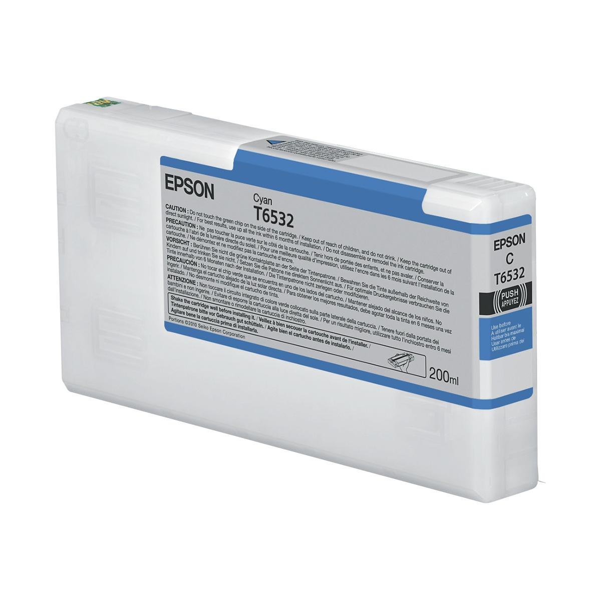 Cartuccia d'inchiostro Epson Cyan T6532 con avvisi e volume 200 ml.