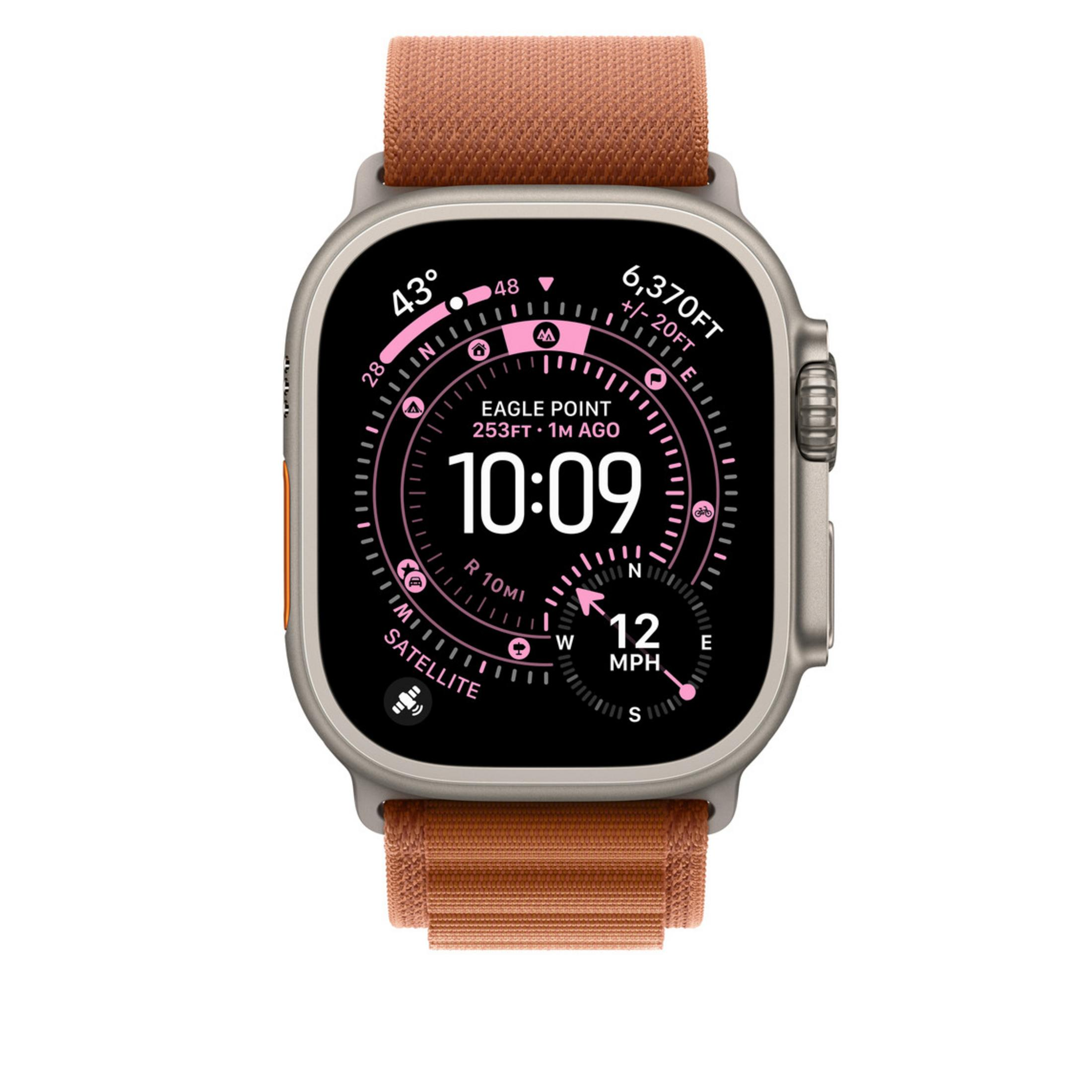 Zegarek smartwatch z brązowym paskiem pokazuje godzinę 10:09, wysokość 6370 stóp, prędkość 12 MPH i temperaturę 43°.