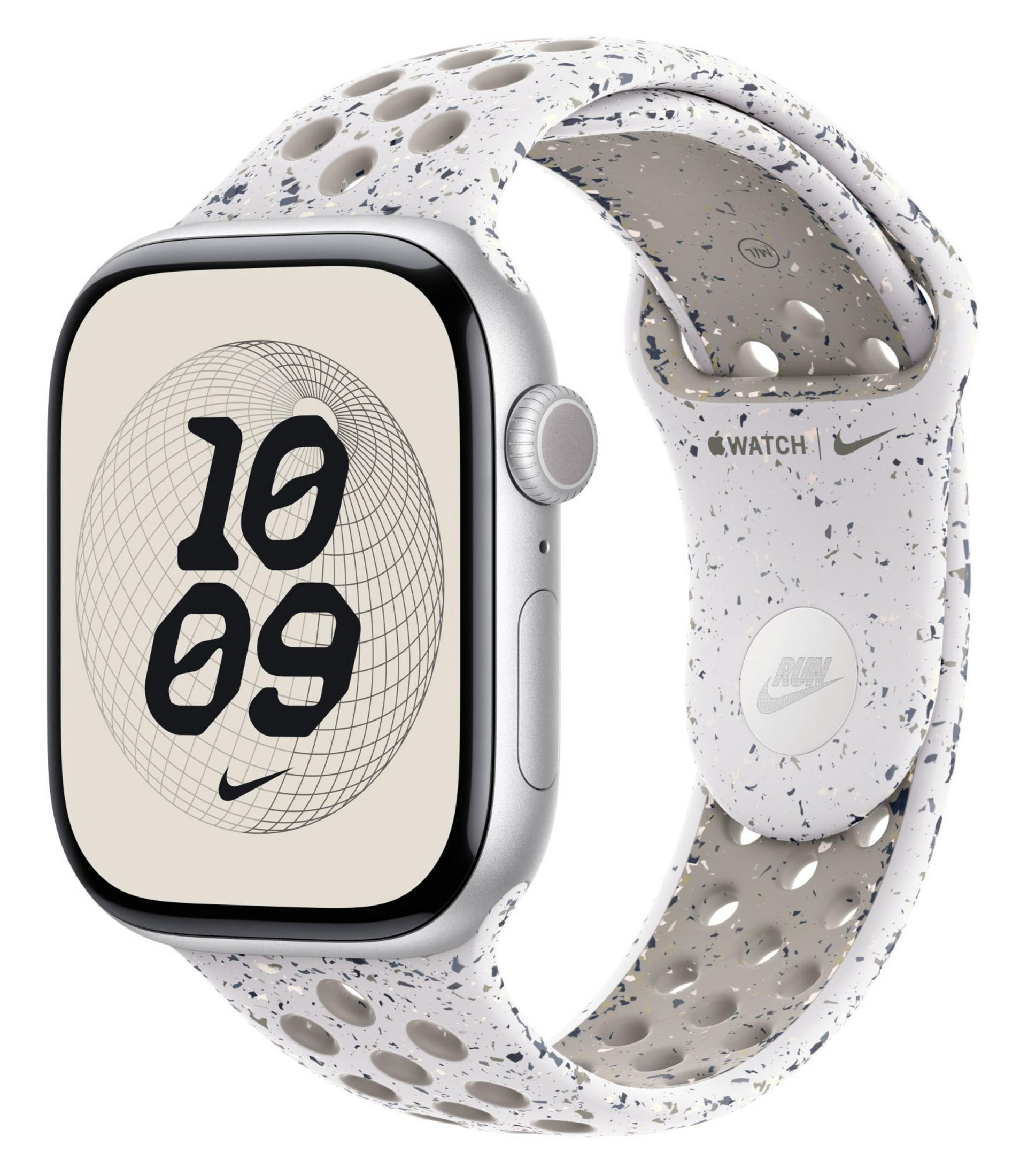Srebrny smartwatch z białym, nakrapianym paskiem z otworami.