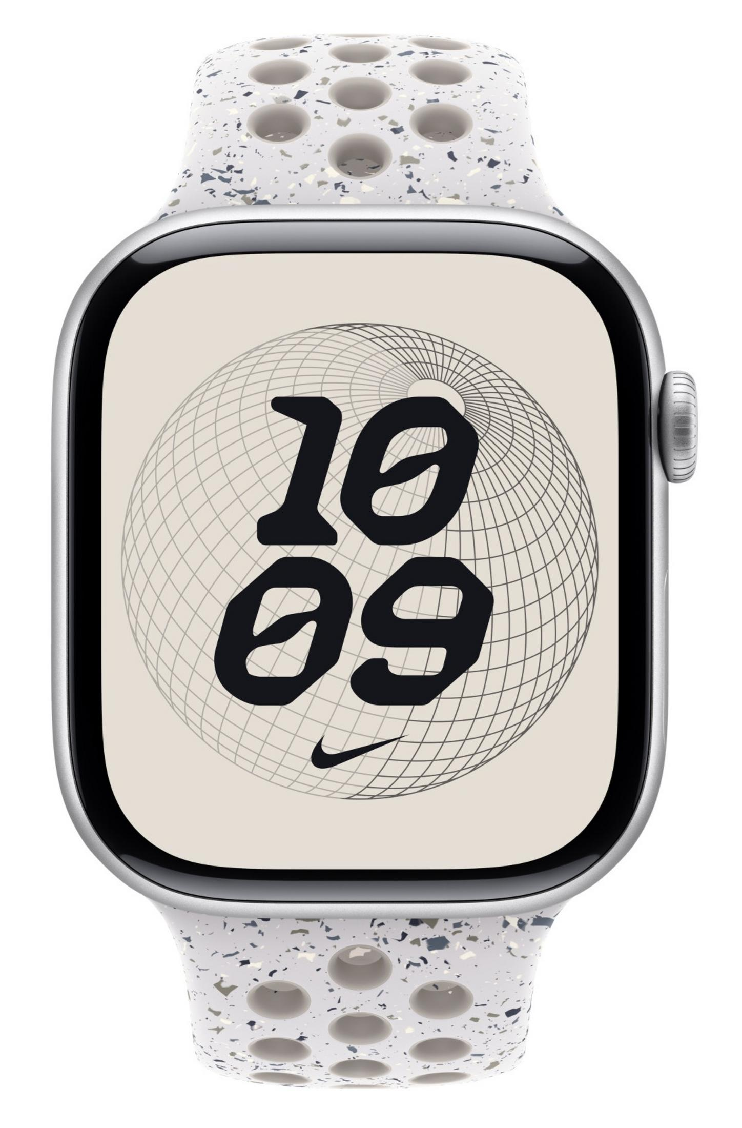 Srebrny zegarek Apple Watch z nakrapianą bransoletą i tarczą.