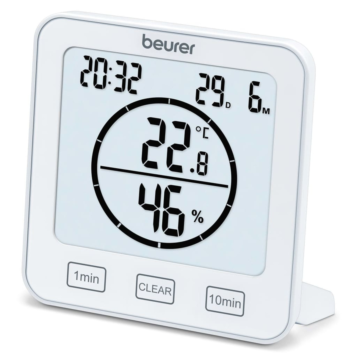 Ein weißes Beurer Digitalthermometer und Hygrometer zeigt Uhrzeit 20:32, Temp. 22,8°C, Luftfeuchtigkeit 46%.