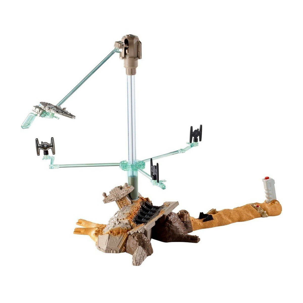 Set giocattoli Star Wars con nave distrutta, caccia TIE e X-wing su espositore.