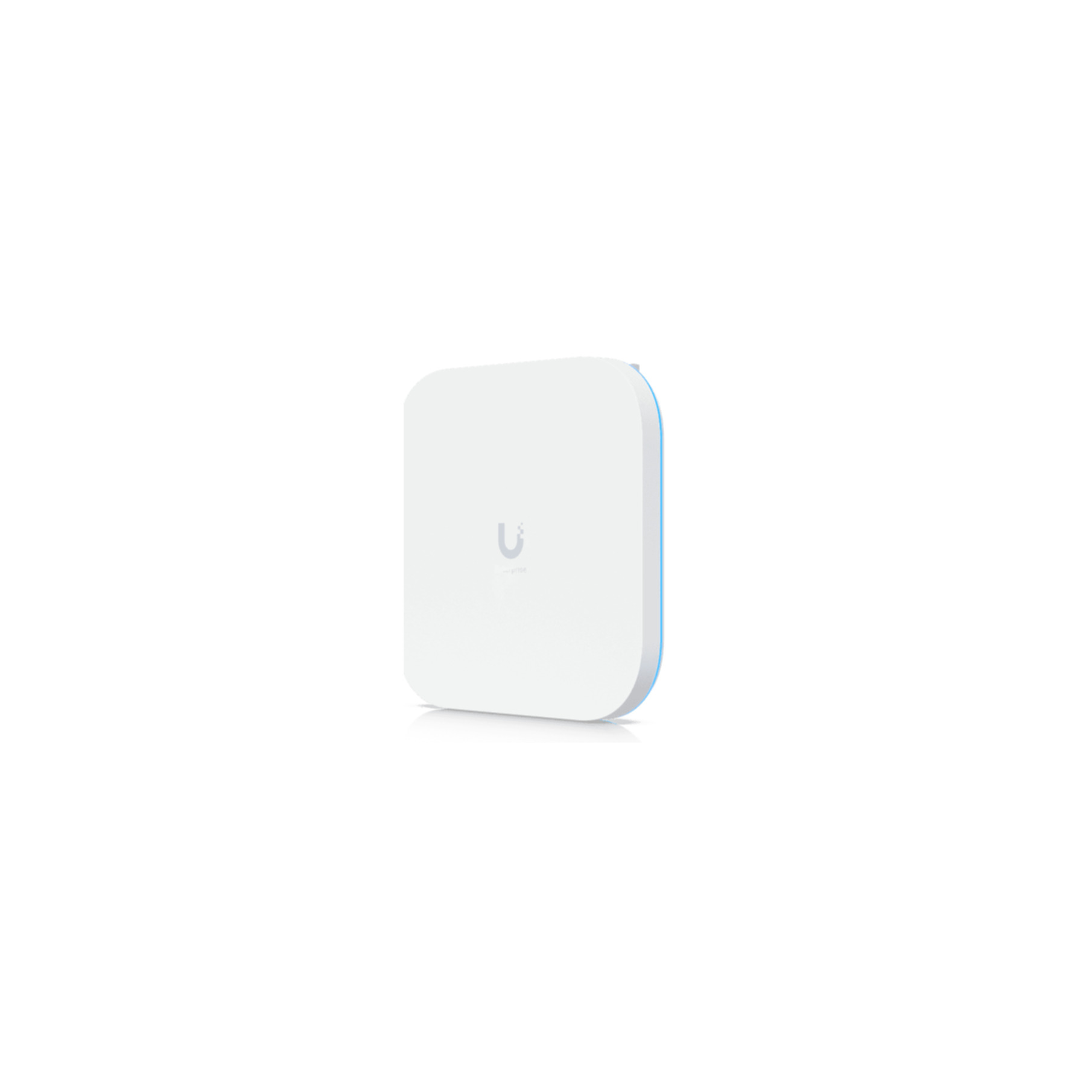 Un dispositivo quadrato bianco con bordo blu e logo grigio su superficie bianca.
