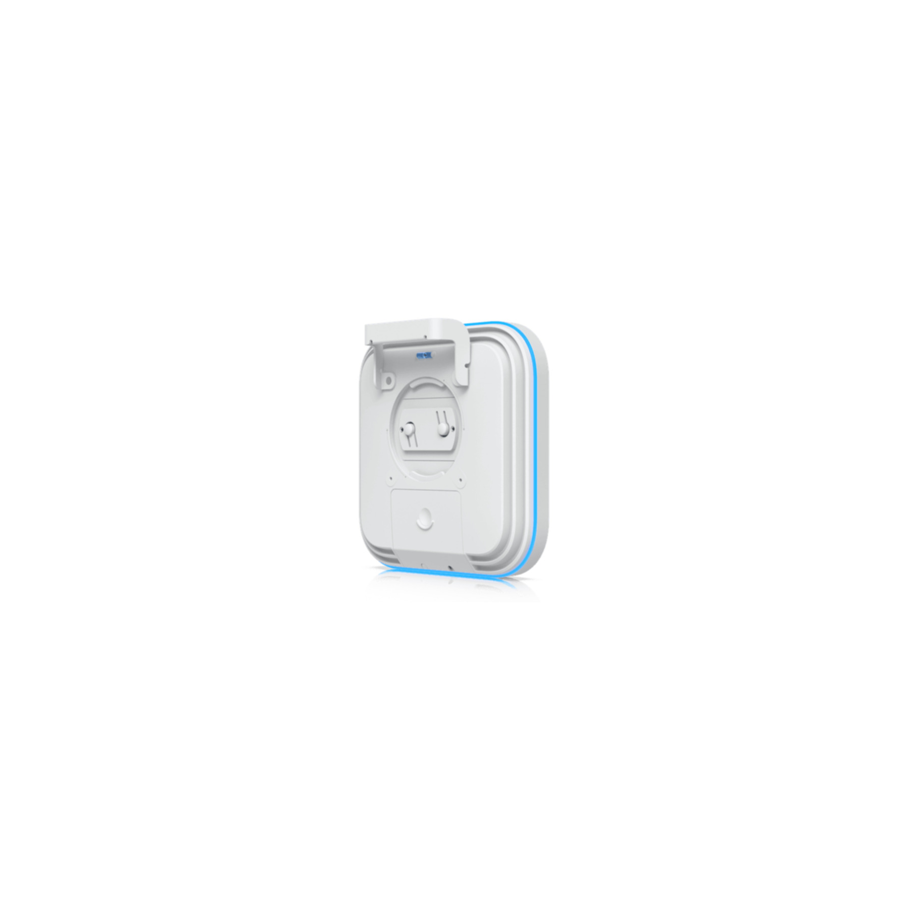 Un dispositivo bianco con accenti blu e staffa di montaggio.