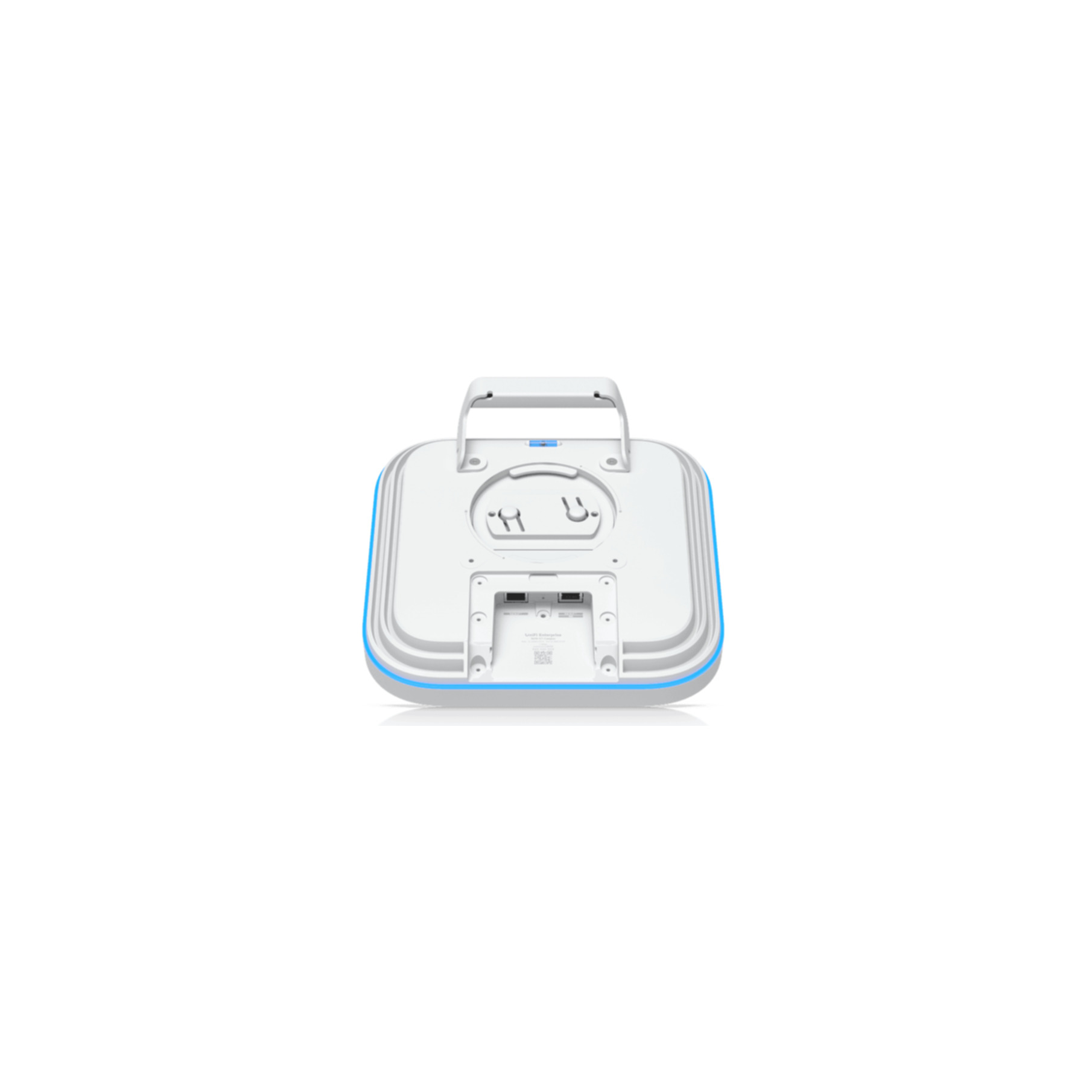 Vista posteriore di un access point Wi-Fi bianco con accenti blu e porte.