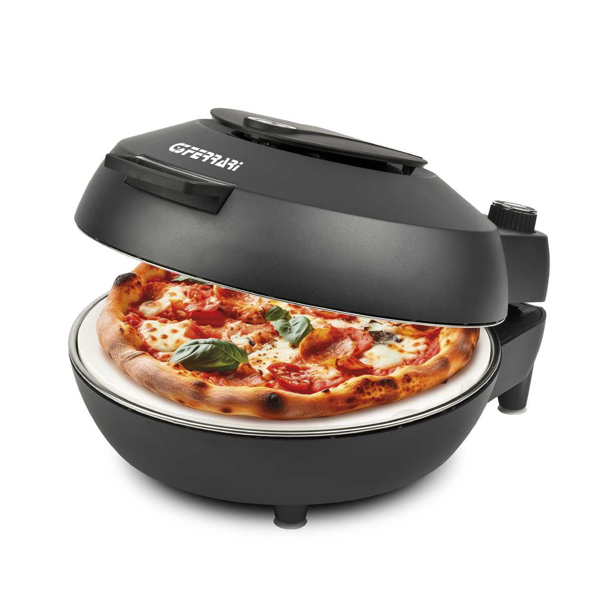 Ein schwarzer G3 Ferrari Pizzaofen mit einer frisch gebackenen Pizza darin.