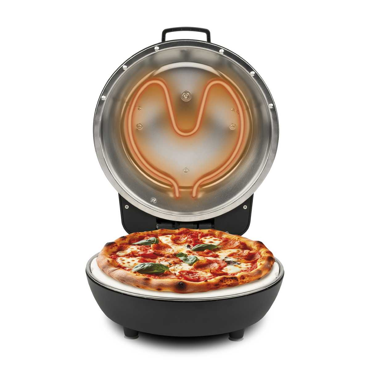 Eine Pizzaofen mit einer gekochten Pizza auf dem Stein darin. Das Heizelement glüht rot.