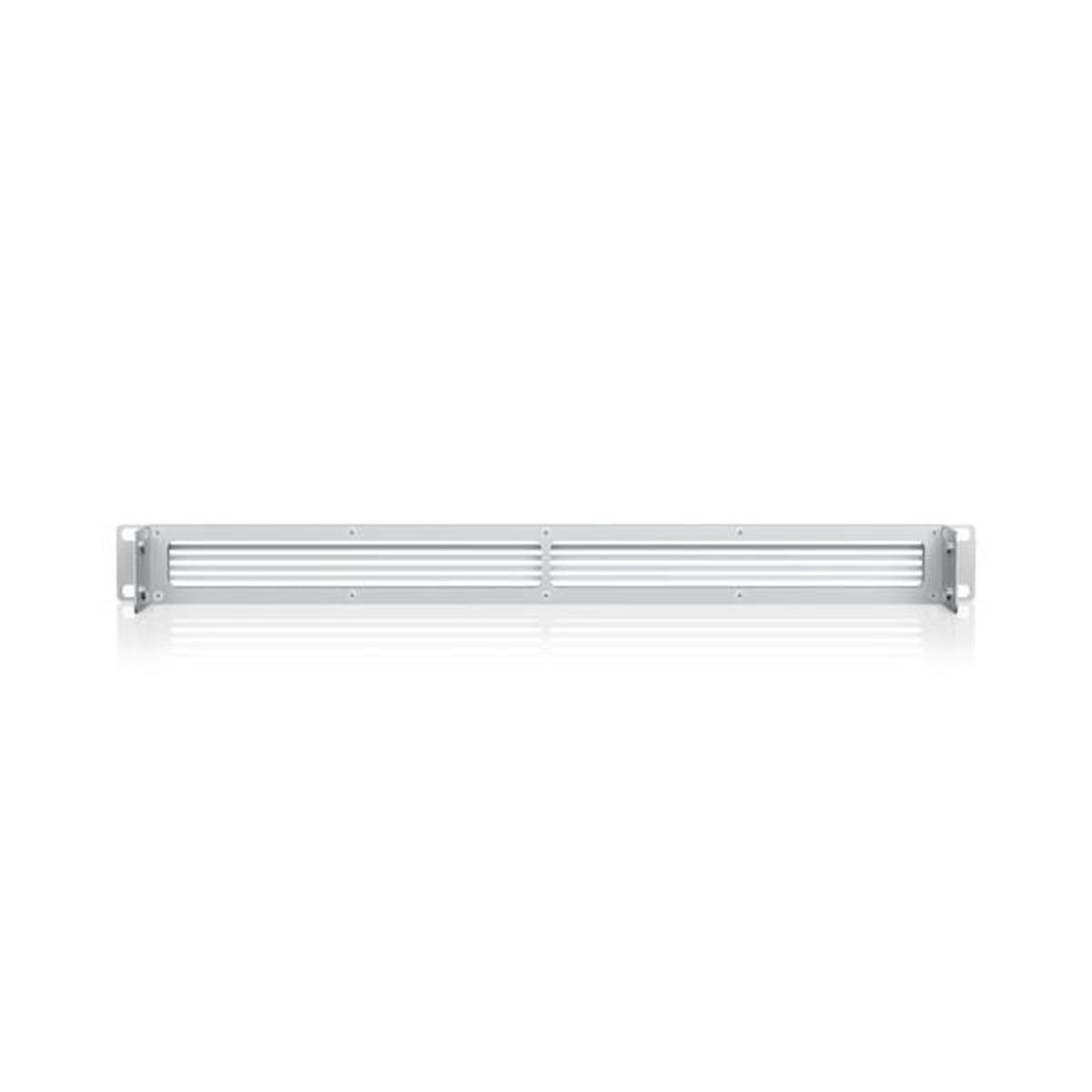 Pannello di ventilazione bianco per rack con lamelle orizzontali e staffe argentate.
