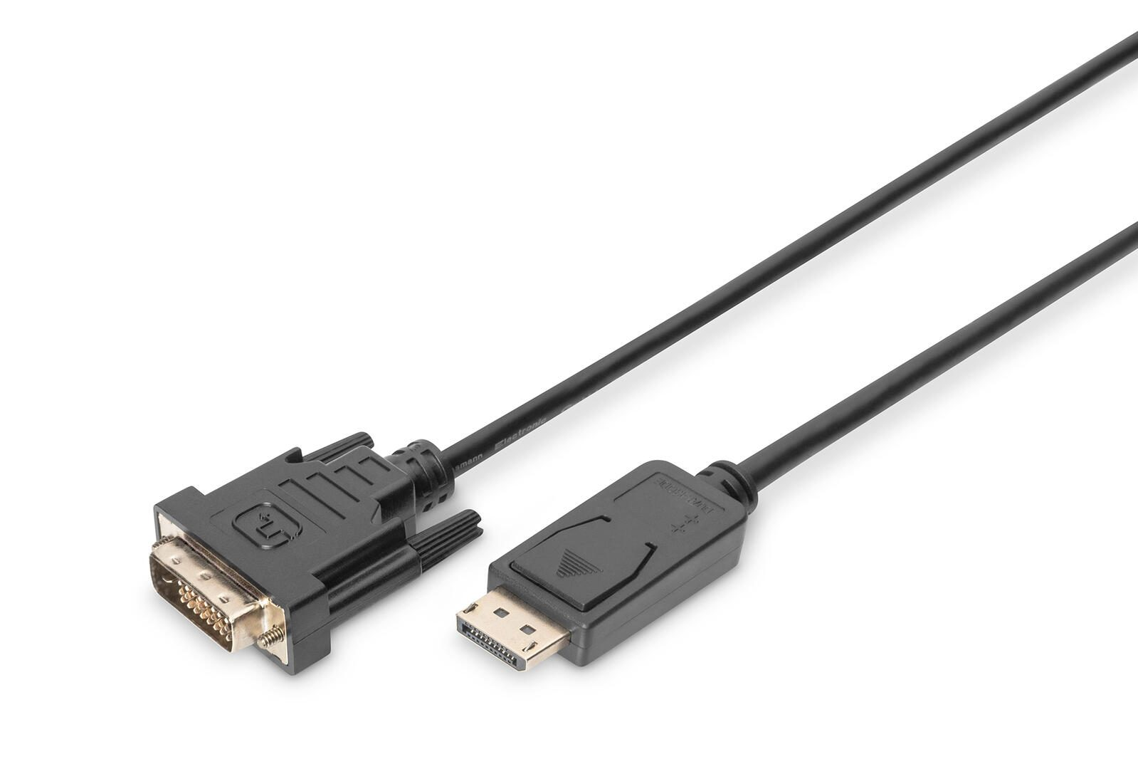 Un cavo da DVI a DisplayPort nero con connettori.