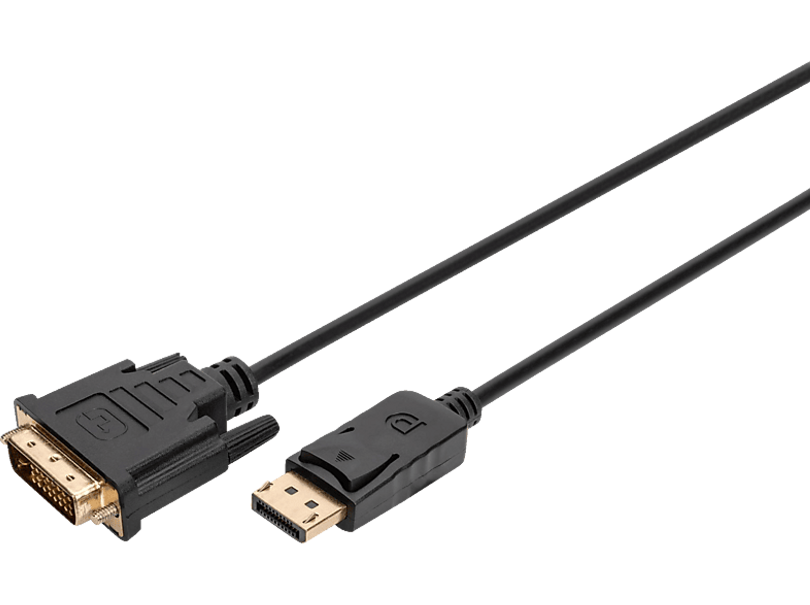 Un cavo da DVI a DisplayPort nero con connettori dorati su sfondo nero.