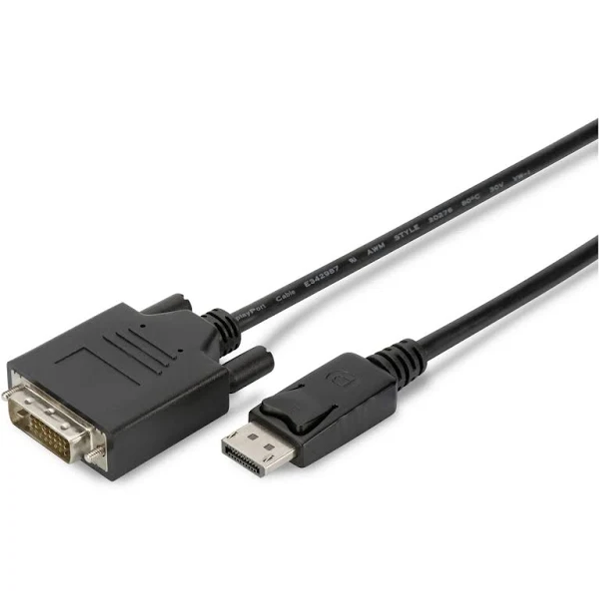 Un cavo da DVI a DisplayPort nero con connettori metallici su sfondo bianco.