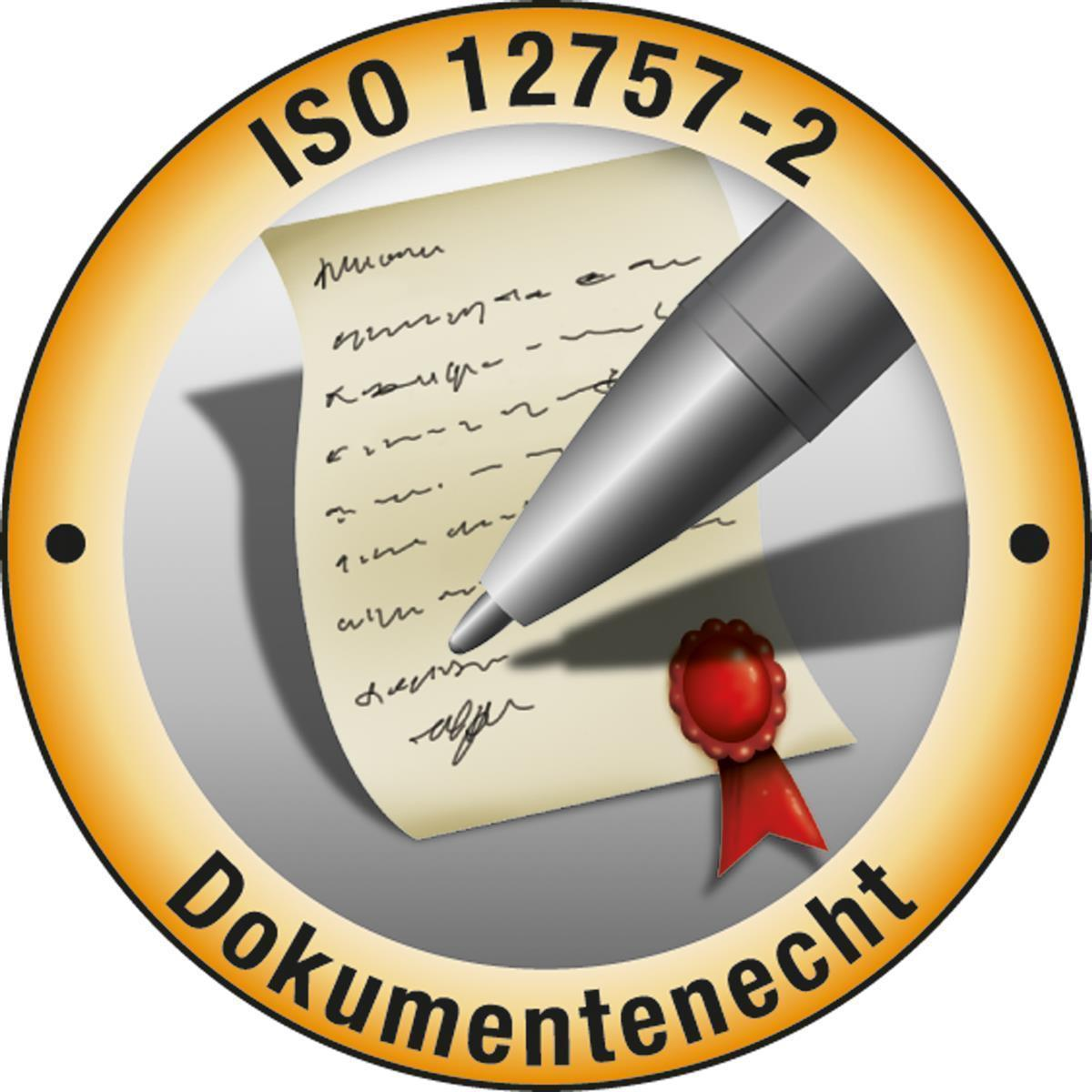 Immagine di una penna che scrive su un documento con testo ISO 12757-2 Gestione Documentale.