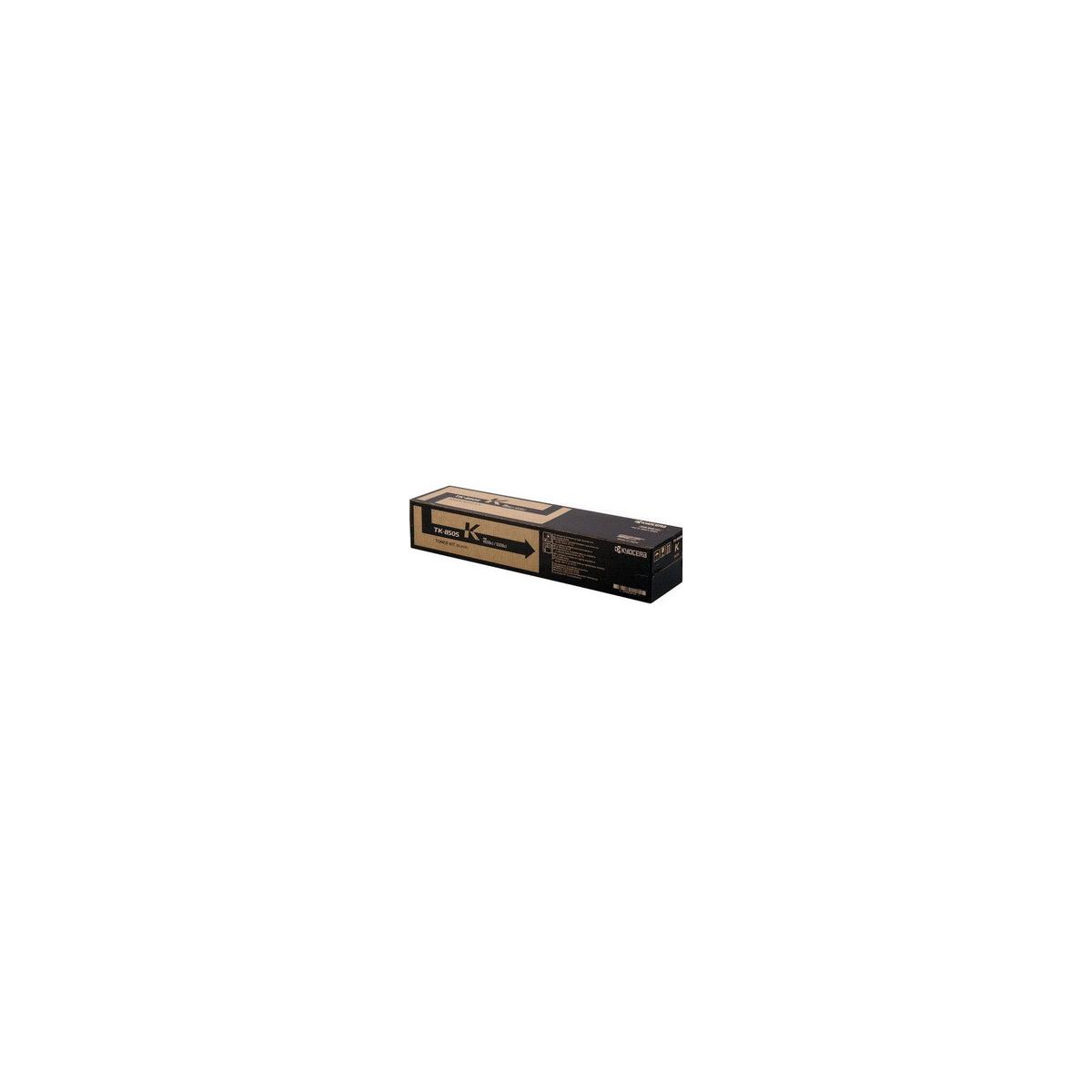 Una scatola di cartuccia toner Kyocera TK-8505 nera con testo e frecce.