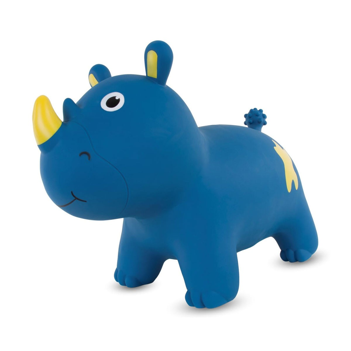 Un giocattolo rinoceronte gonfiabile blu con corno e orecchie gialle su sfondo bianco.