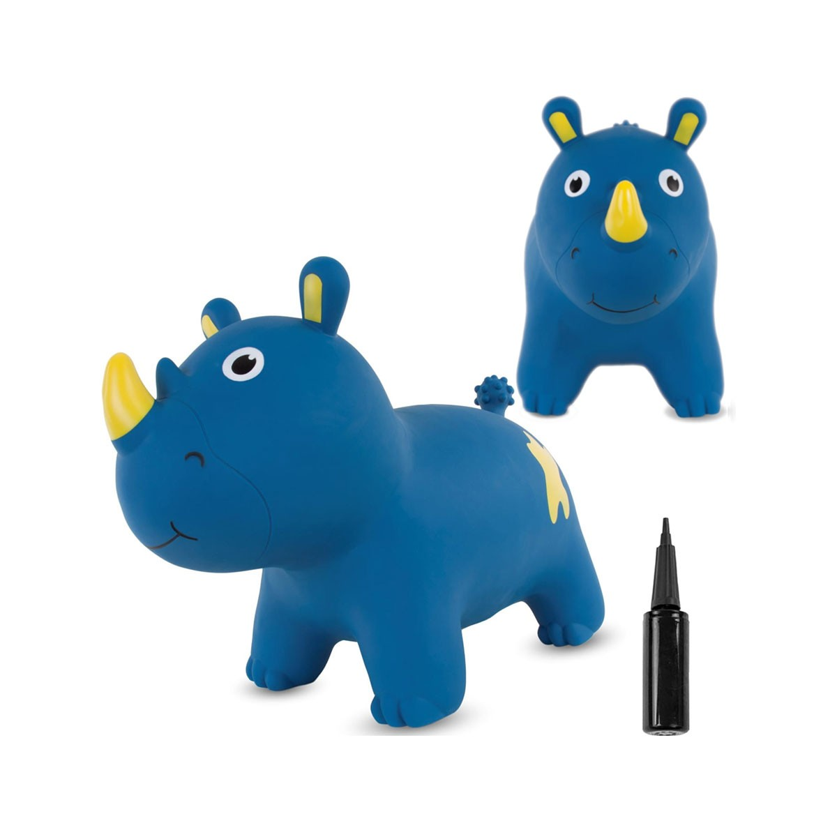 Due cavalcabili gonfiabili blu a forma di rinoceronte con corna e orecchie gialle.