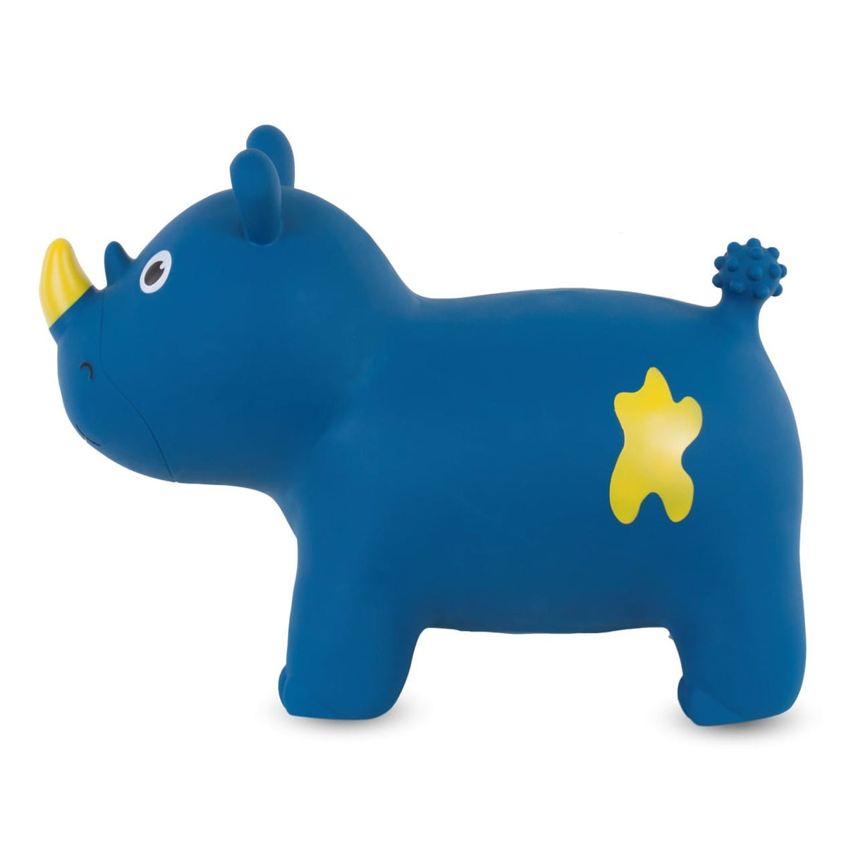 Un giocattolo gonfiabile blu a forma di rinoceronte con corno giallo e stella gialla.